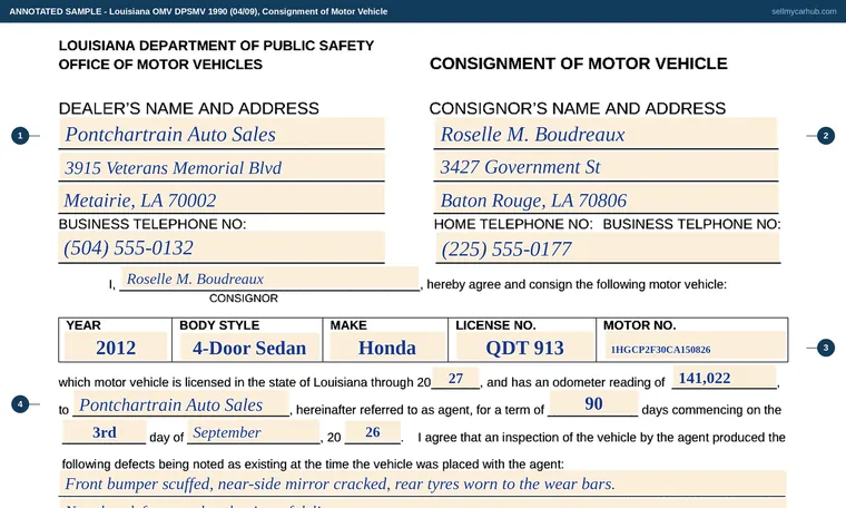 Top of our filled-in example of Louisiana DPSMV 1990, Consignment of Motor Vehicle