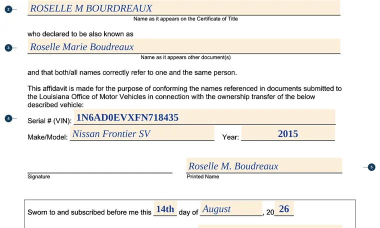 Part of our filled-in example of Louisiana Affidavit of One and the Same, Affidavit of One and the Same, showing the filled-in entries