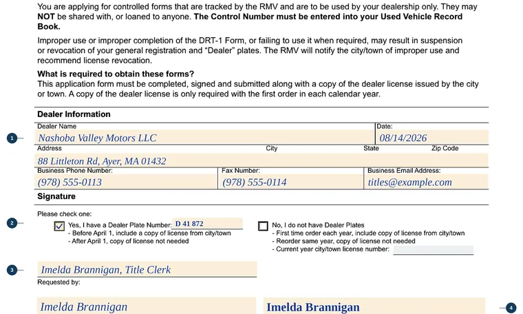 Part of our filled-in example of Massachusetts FIV100, Application for Dealer Reassignment (ordering DRT-1 forms), showing the filled-in entries