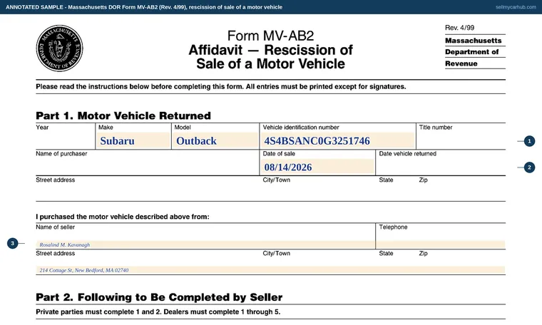 Top of our filled-in example of Massachusetts MV-AB2, Affidavit - Rescission of Sale of a Motor Vehicle