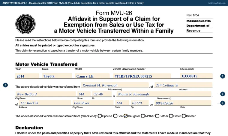 Top of our filled-in example of Massachusetts MVU-26, Affidavit in Support of a Claim for Exemption from Sales or Use Tax for a Motor Vehicle Transferred Within a Family