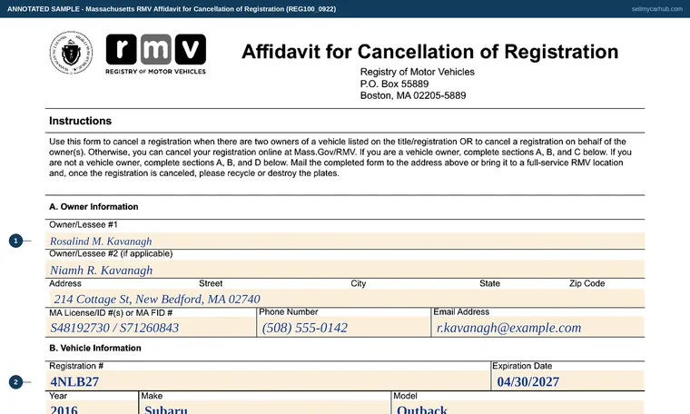 Top of our filled-in example of Massachusetts REG100, Affidavit for Cancellation of Registration