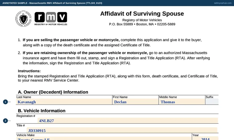 Top of our filled-in example of Massachusetts TTL103, Affidavit of Surviving Spouse