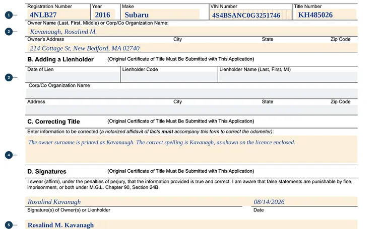 Part of our filled-in example of Massachusetts TTL104, Amend Title / Lienholder Maintenance Application, showing the filled-in entries