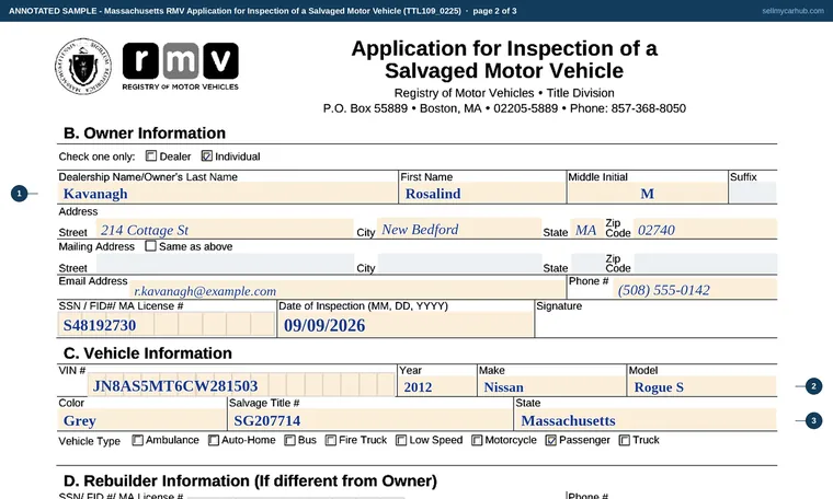 Top of page 2 of our filled-in example of Massachusetts TTL109, Application for Inspection of a Salvaged Motor Vehicle