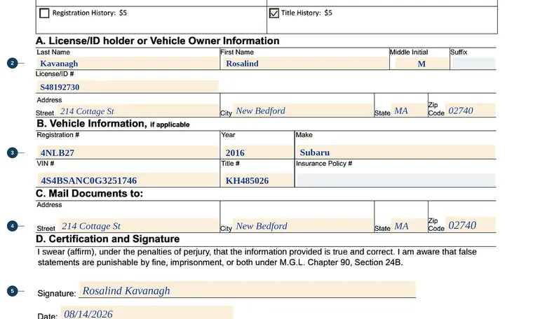 Part of our filled-in example of Massachusetts TTL111, History Search or Photocopy Request, showing the filled-in entries