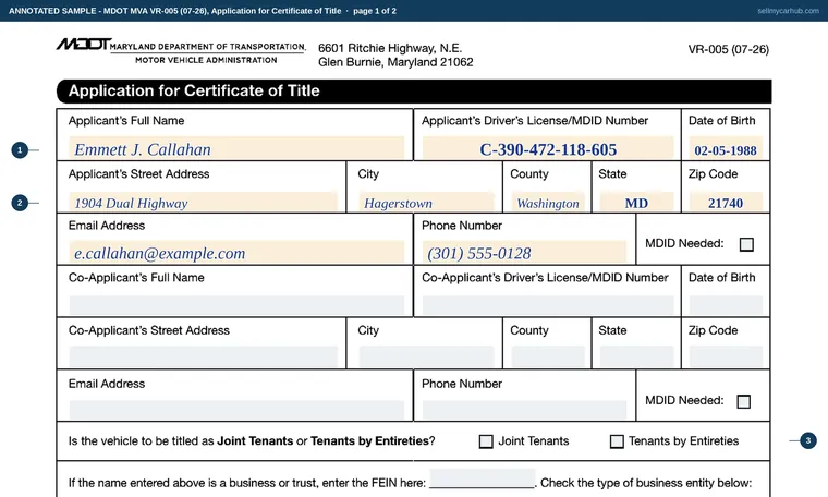 Top of page 1 of our filled-in example of Maryland VR-005, Application for Certificate of Title