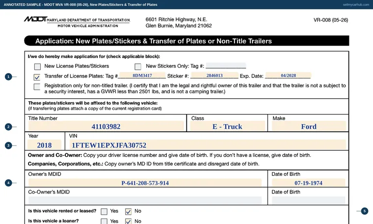 Top of our filled-in example of Maryland VR-008, Application: New Plates/Stickers & Transfer of Plates or Non-Title Trailers