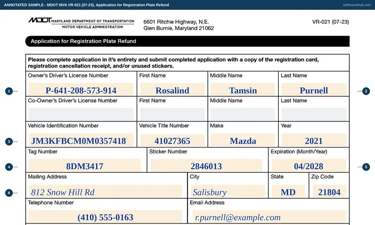 Top of our filled-in example of Maryland VR-021, Application for Registration Plate Refund