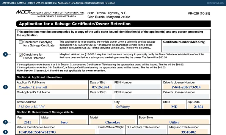 Top of our filled-in example of Maryland VR-028, Application for a Salvage Certificate/Owner Retention