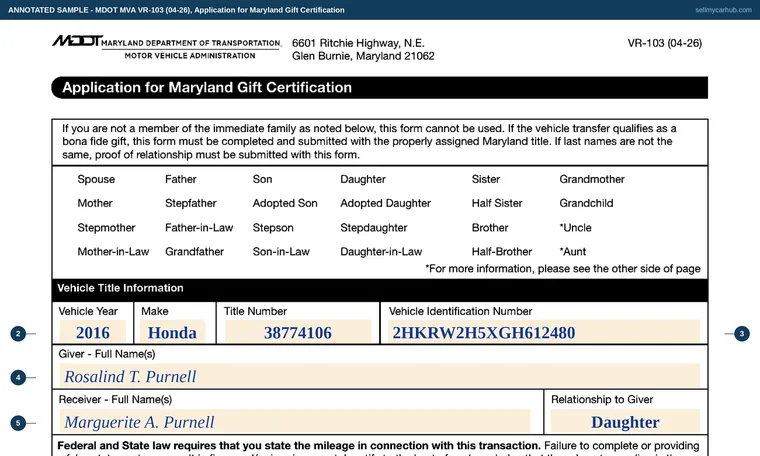 Top of our filled-in example of Maryland VR-103, Application for Maryland Gift Certification