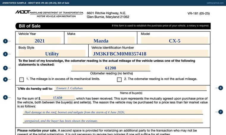 Top of our filled-in example of Maryland VR-181, Bill of Sale