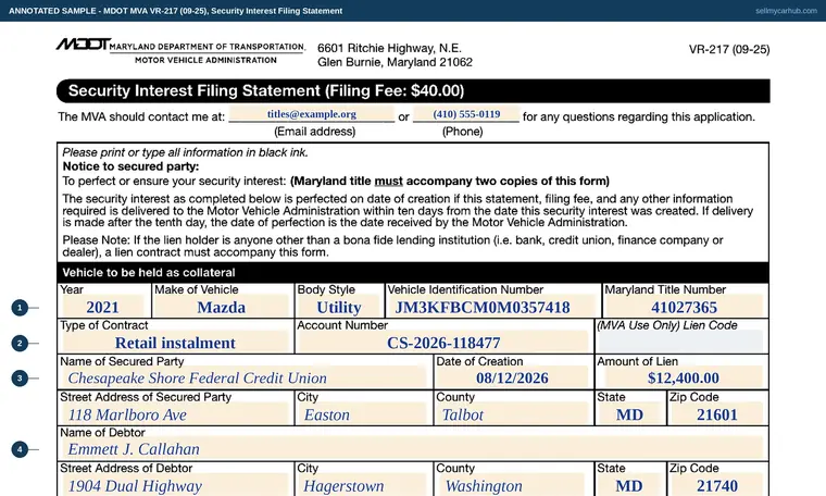Top of our filled-in example of Maryland VR-217, Security Interest Filing Statement