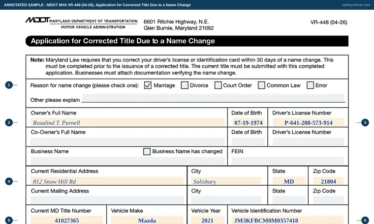 Top of our filled-in example of Maryland VR-448, Application for Corrected Title Due to a Name Change