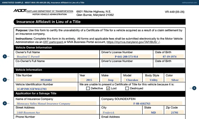 Top of our filled-in example of Maryland VR-449, Insurance Affidavit in Lieu of a Title