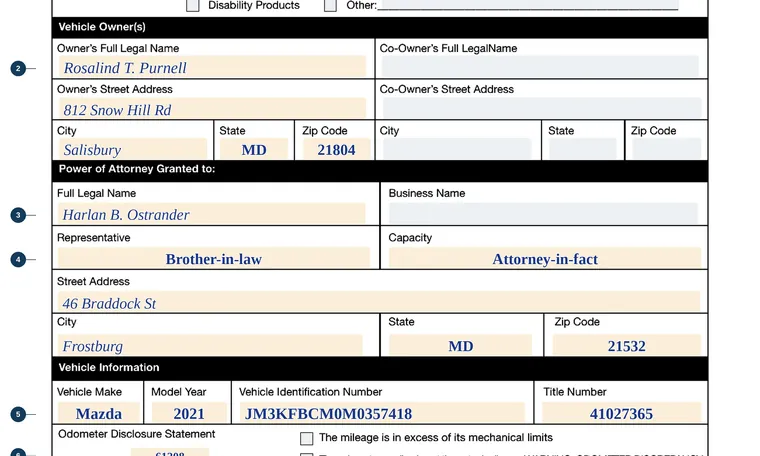 Part of our filled-in example of Maryland VR-470, Restricted Power of Attorney, showing the filled-in entries