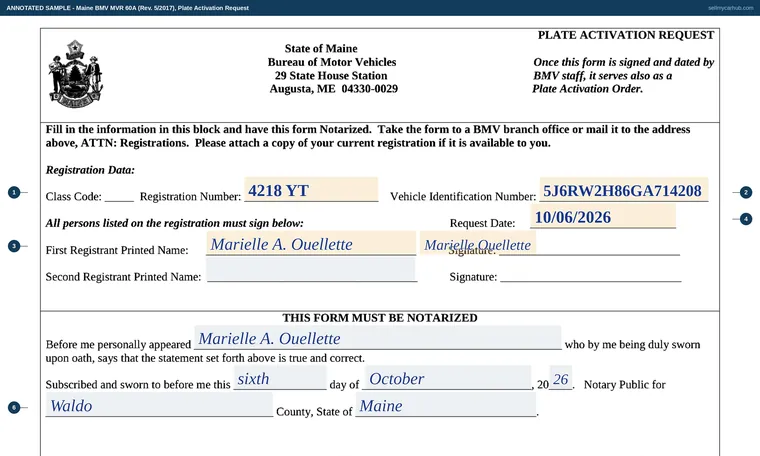 Top of our filled-in example of Maine MVR-60A, Plate Activation Request