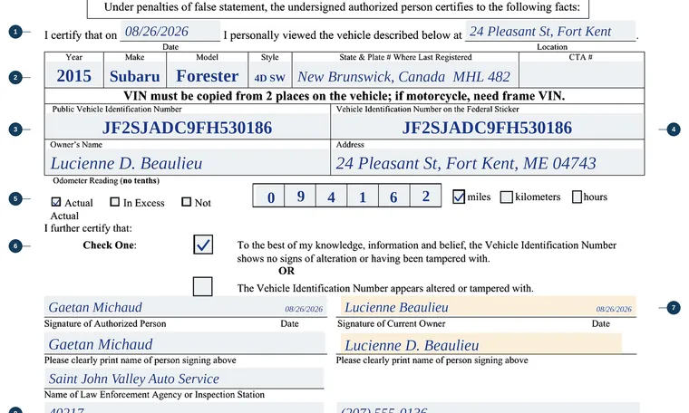 Part of our filled-in example of Maine MVT-10, Inspection of Vehicle Identification Number by Authorized Person, showing the filled-in entries