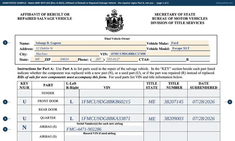 Top of page 1 of our filled-in example of Maine MVT-103, Affidavit of Rebuilt or Repaired Salvage Vehicle, and Disposition of Salvage Vehicle