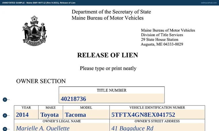 Top of our filled-in example of Maine MVT-12, Release of Lien