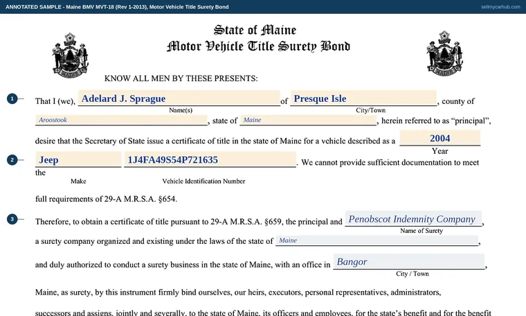 Top of our filled-in example of Maine MVT-18, Motor Vehicle Title Surety Bond