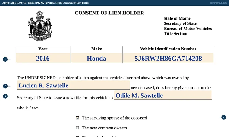 Top of our filled-in example of Maine MVT-27, Consent of Lien Holder