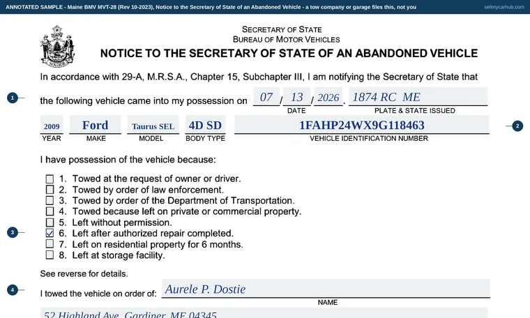 Top of our filled-in example of Maine MVT-28, Notice to the Secretary of State of an Abandoned Vehicle