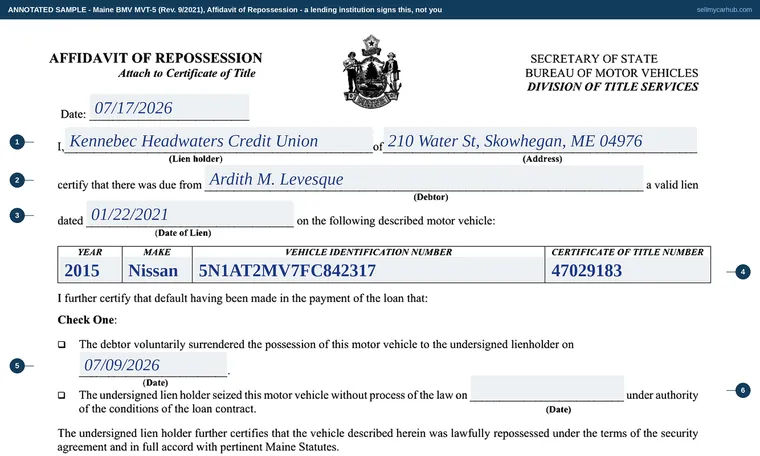 Top of our filled-in example of Maine MVT-5, Affidavit of Repossession
