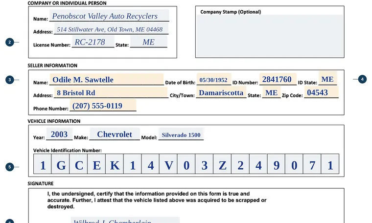 Part of our filled-in example of Maine MVT-54, Notification of Scrapped Vehicle by Recycler, showing the filled-in entries