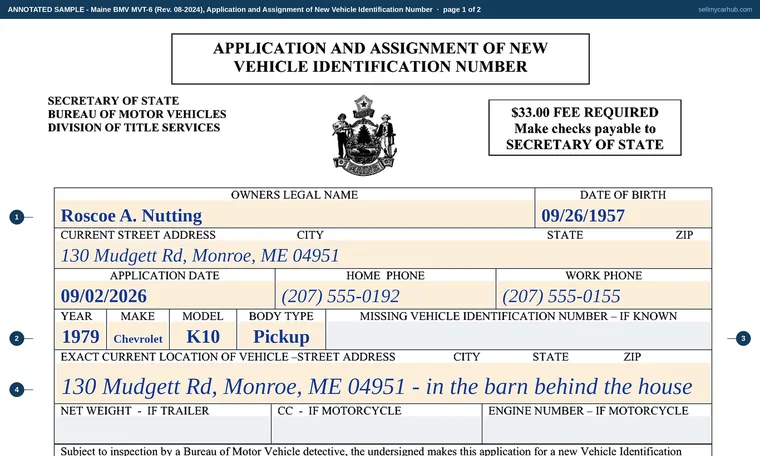 Top of page 1 of our filled-in example of Maine MVT-6, Application and Assignment of New Vehicle Identification Number