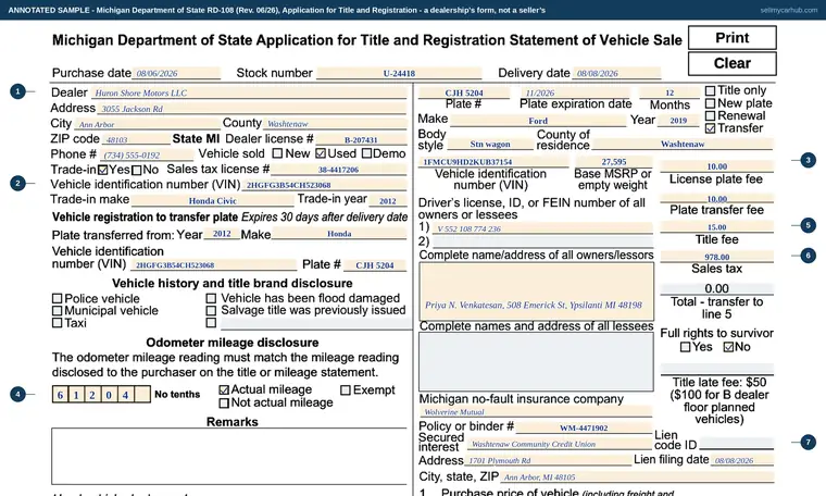 Top of our filled-in example of Michigan RD-108, Application for Title and Registration, Statement of Vehicle Sale