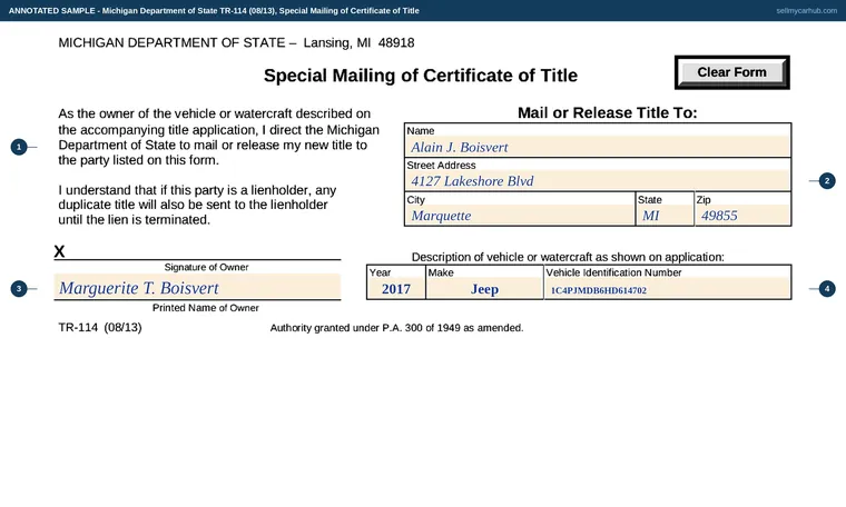 Top of our filled-in example of Michigan TR-114, Special Mailing of Certificate of Title