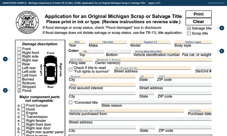 Top of page 1 of our filled-in example of Michigan TR-12, Application for an Original Michigan Scrap or Salvage Title