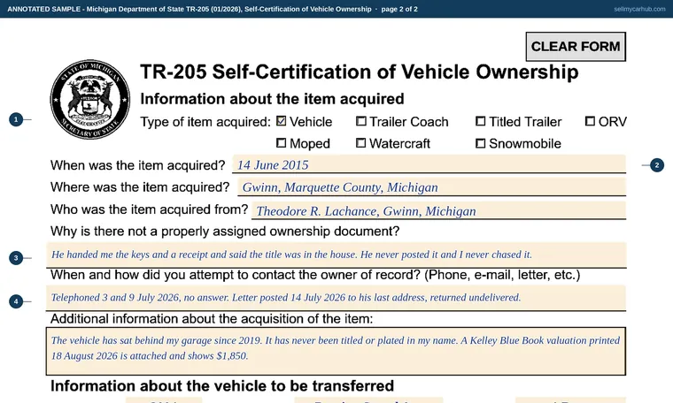 Top of page 2 of our filled-in example of Michigan TR-205, Self-Certification of Vehicle Ownership