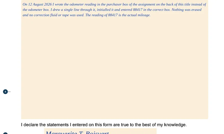 Part of our filled-in example of Michigan TR-34, Certification Statement, showing the filled-in entries