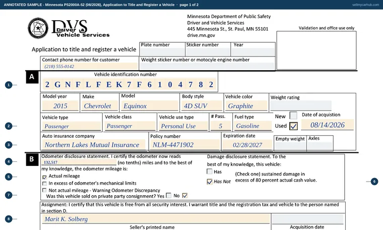Top of page 1 of our filled-in example of Minnesota PS2000A, Application to Title and Register a Vehicle