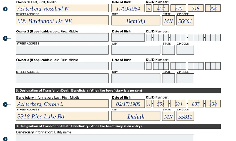 Part of page 1 of our filled-in example of Minnesota PS2004, Application for Transfer-on-Death Beneficiary, showing the filled-in entries