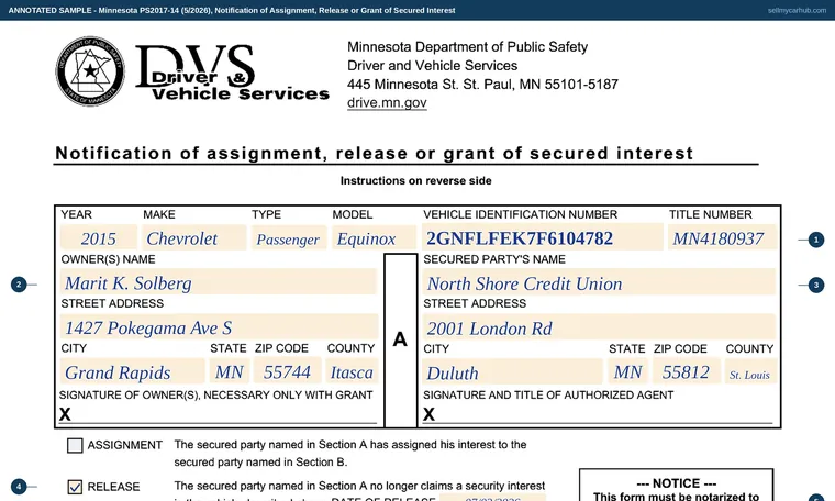 Top of our filled-in example of Minnesota PS2017, Notification of Assignment, Release or Grant of Secured Interest