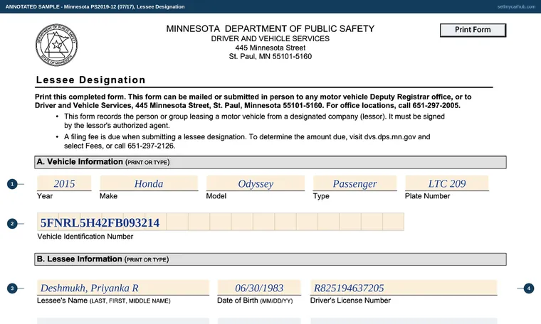 Top of our filled-in example of Minnesota PS2019, Lessee Designation