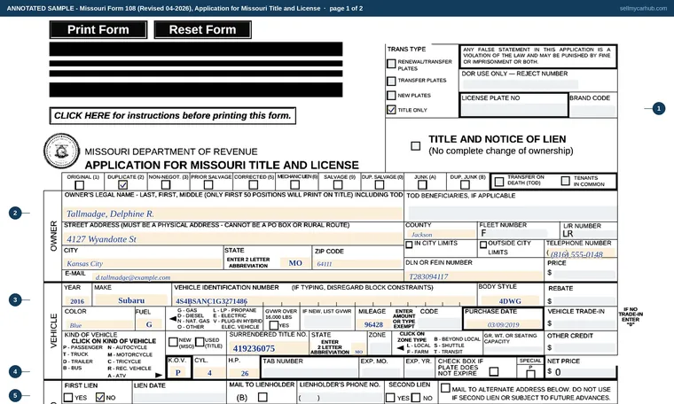 Top of page 1 of our filled-in example of Missouri Form 108, Application for Missouri Title and License