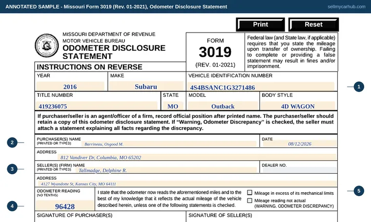 Top of our filled-in example of Missouri Form 3019, Odometer Disclosure Statement