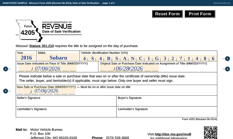 Top of page 1 of our filled-in example of Missouri Form 4205, Date of Sale Verification