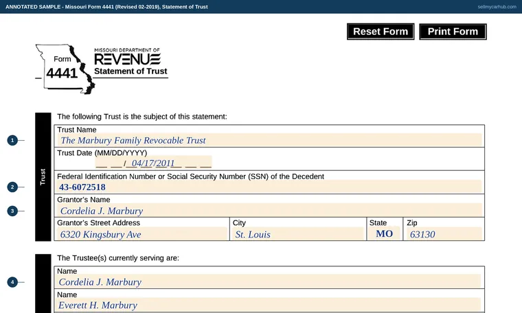 Top of our filled-in example of Missouri Form 4441, Statement of Trust
