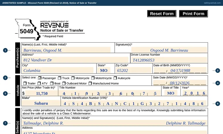 Top of our filled-in example of Missouri Form 5049, Notice of Sale or Transfer