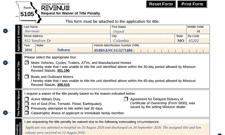 Part of our filled-in example of Missouri Form 5105, Request for Waiver of Title Penalty, showing the filled-in entries