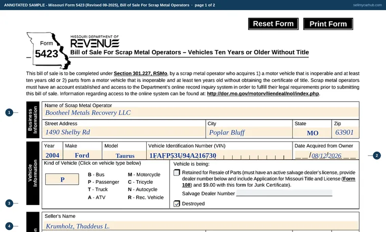 Top of page 1 of our filled-in example of Missouri Form 5423, Bill of Sale For Scrap Metal Operators - Vehicles Ten Years or Older Without Title