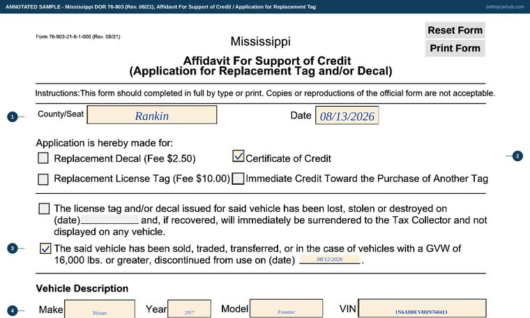 Top of our filled-in example of Mississippi 76-903, Affidavit For Support of Credit (Application for Replacement Tag and/or Decal)