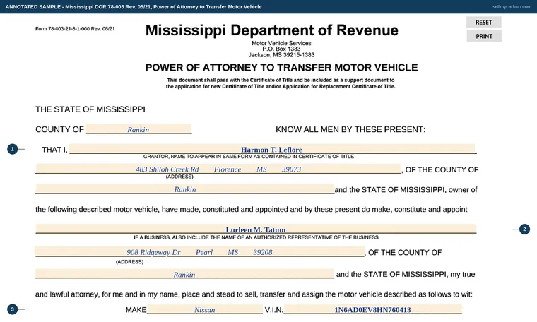 Top of our filled-in example of Mississippi 78-003, Power of Attorney to Transfer Motor Vehicle