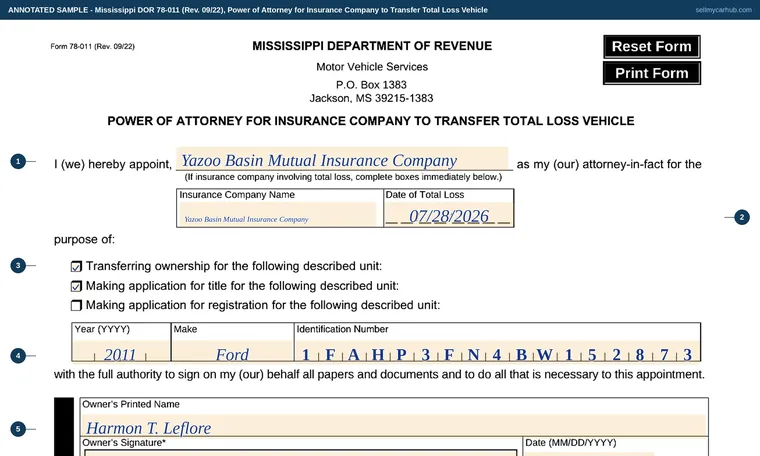 Top of our filled-in example of Mississippi 78-011, Power of Attorney for Insurance Company to Transfer Total Loss Vehicle