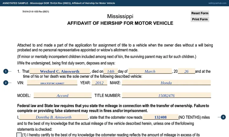 Top of our filled-in example of Mississippi 78-014, Affidavit of Heirship for Motor Vehicle